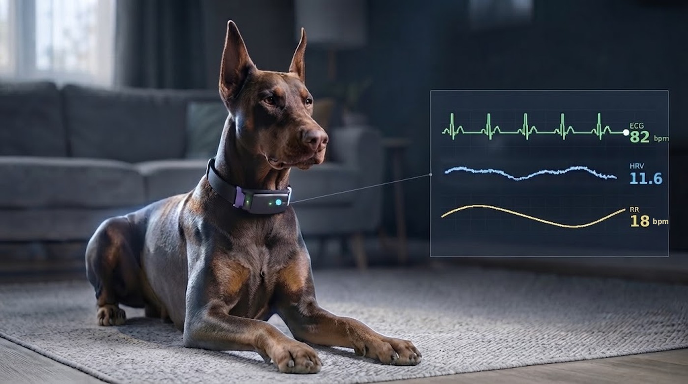 A Doberman wearing the Panoptic monitoring collar with live vital-sign readouts projected beside it