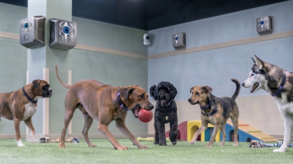 Dogs playing in a monitored boarding room with wall-mounted environmental sensor units and cameras
